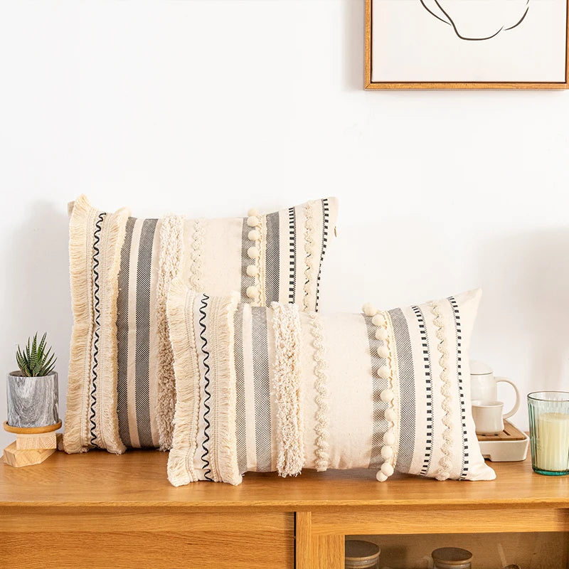 Bohemian Style Cotton Cushion Cover 30X50Cm/45X45Cm Pillow Cover Beige for Sofa Bed Home Decorative