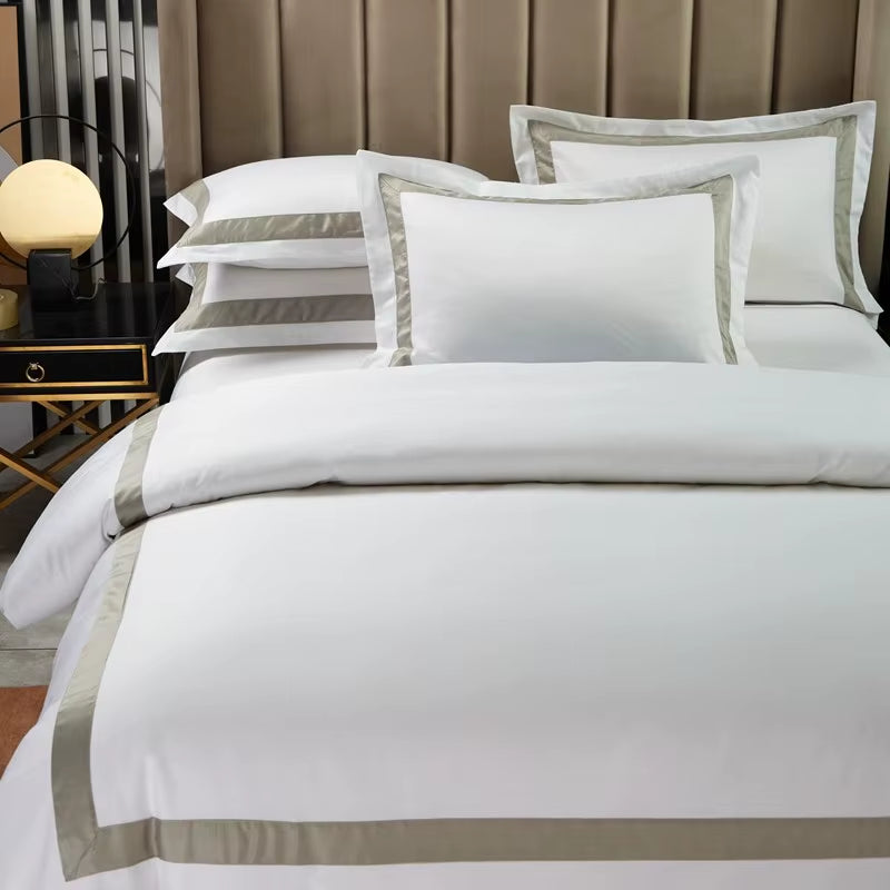 100%Cotton Luxury 600 TC White Premium Hotel Bedding Set Classic and Frame Patchwork Duvet Cover Set Bed Sheet Pillowcases