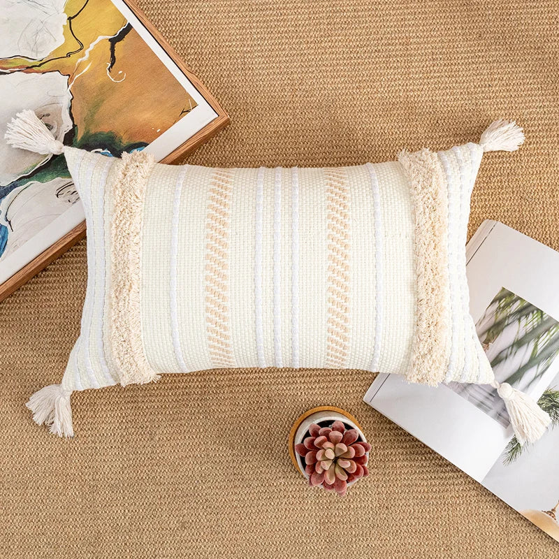 Bohemian Style Cotton Cushion Cover 30X50Cm/45X45Cm Pillow Cover Beige for Sofa Bed Home Decorative