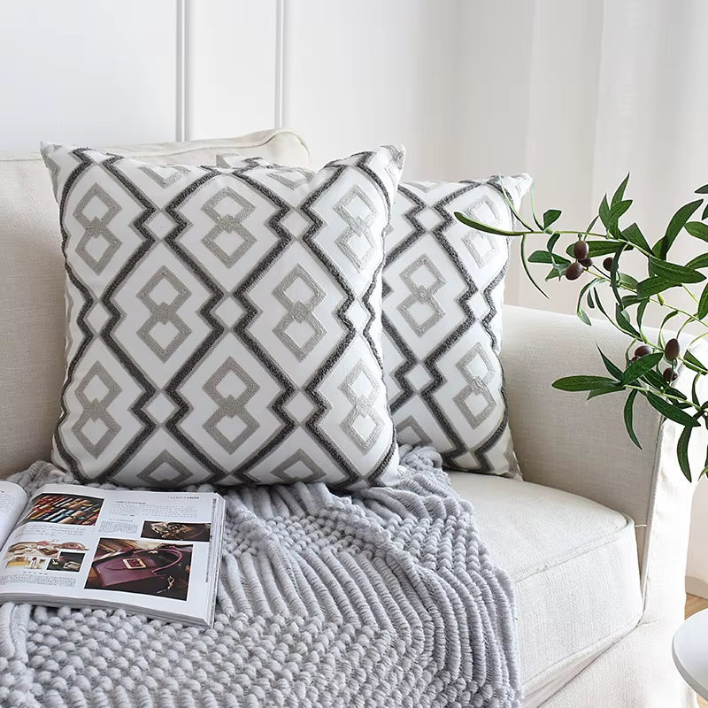 1Pc Nordic Geometric Cushion Cover Emboridered Grey Canvas Cotton Embroidery Pillow Cover Sofa Car Home Decorative 45X45Cm