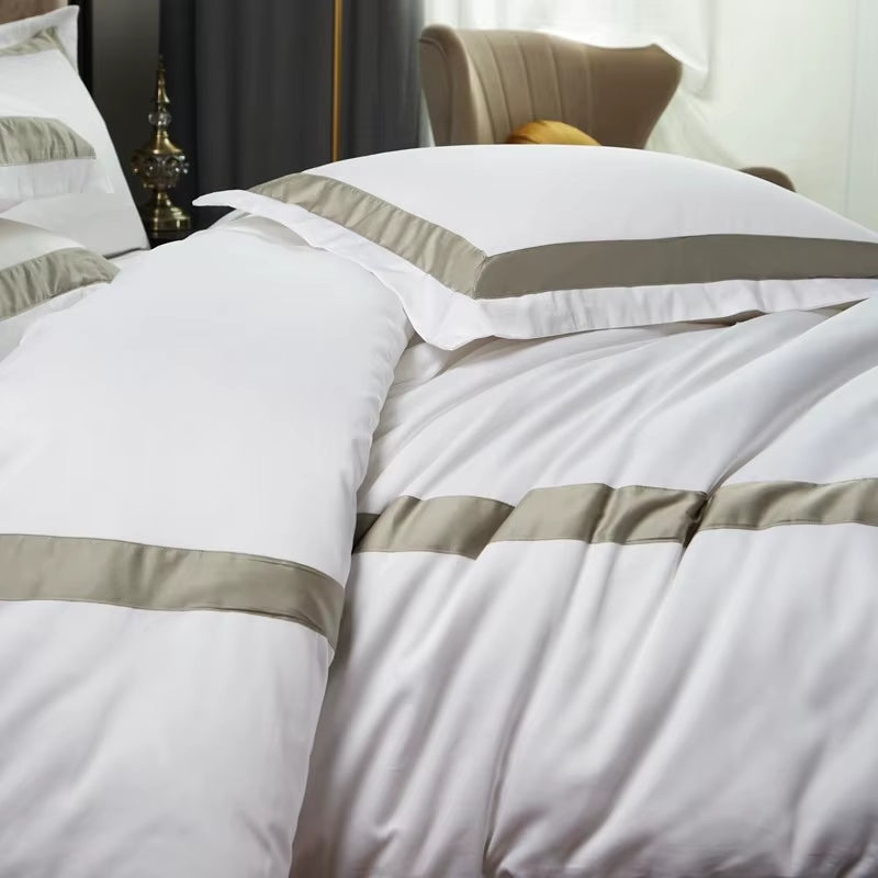 100%Cotton Luxury 600 TC White Premium Hotel Bedding Set Classic and Frame Patchwork Duvet Cover Set Bed Sheet Pillowcases