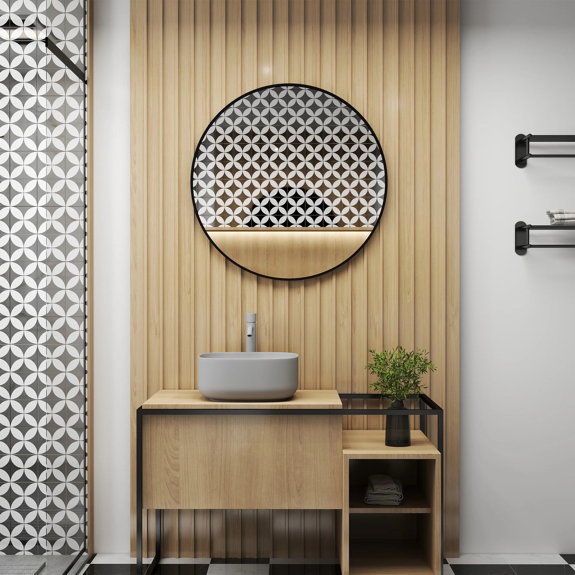round Bathroom Mirror, Modern Wall Mirror with Steel Frame, Black