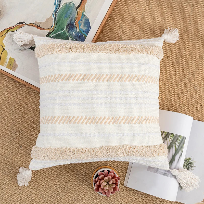 Bohemian Style Cotton Cushion Cover 30X50Cm/45X45Cm Pillow Cover Beige for Sofa Bed Home Decorative