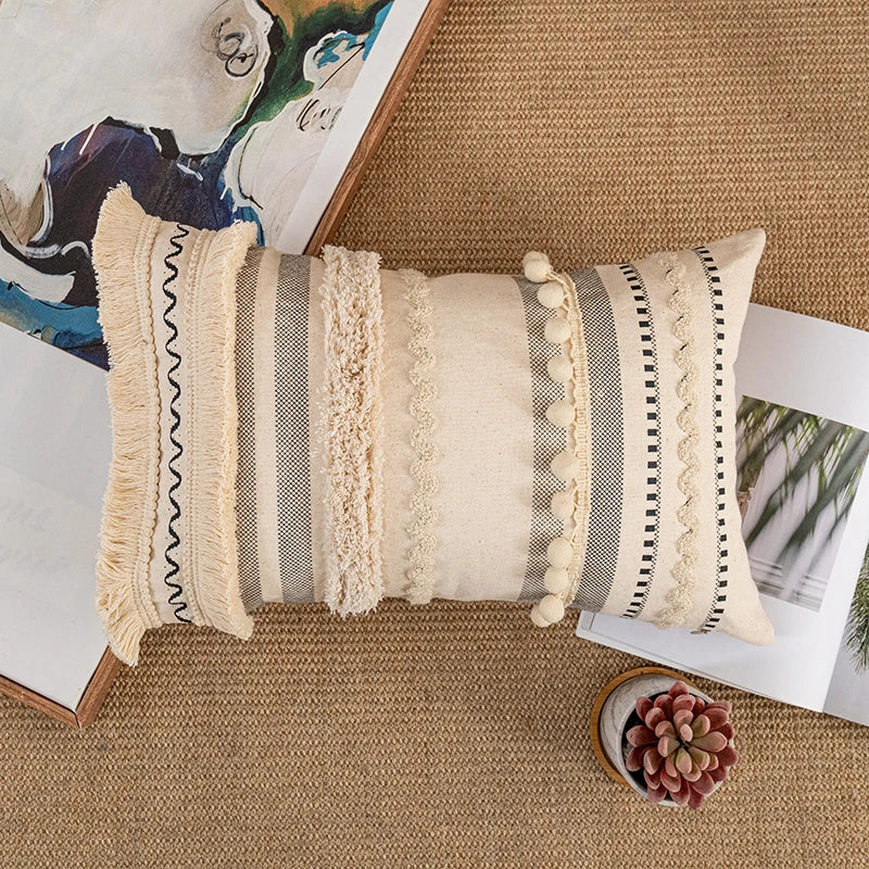Bohemian Style Cotton Cushion Cover 30X50Cm/45X45Cm Pillow Cover Beige for Sofa Bed Home Decorative