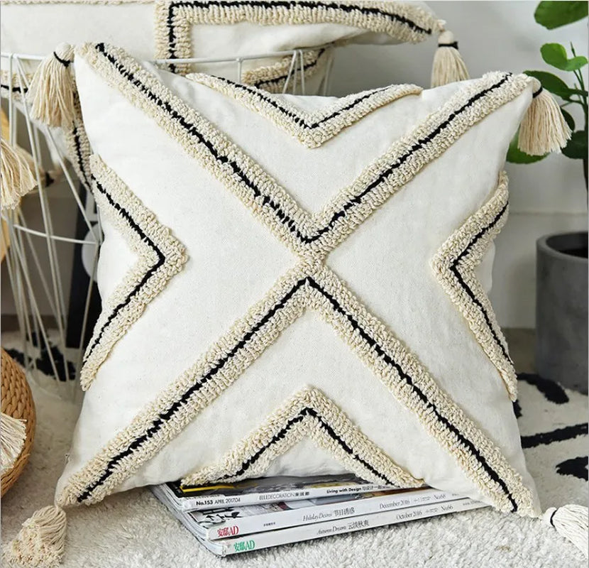 Brown Beige Embroidery Cushion Cover Tassels Home Decor Pillow Cover 45X45Cm/30X50Cm Geometric Sofa Pillowcase Pillow Sham