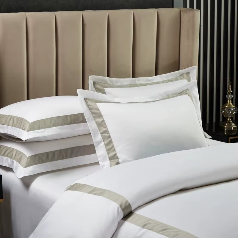 100%Cotton Luxury 600 TC White Premium Hotel Bedding Set Classic and Frame Patchwork Duvet Cover Set Bed Sheet Pillowcases