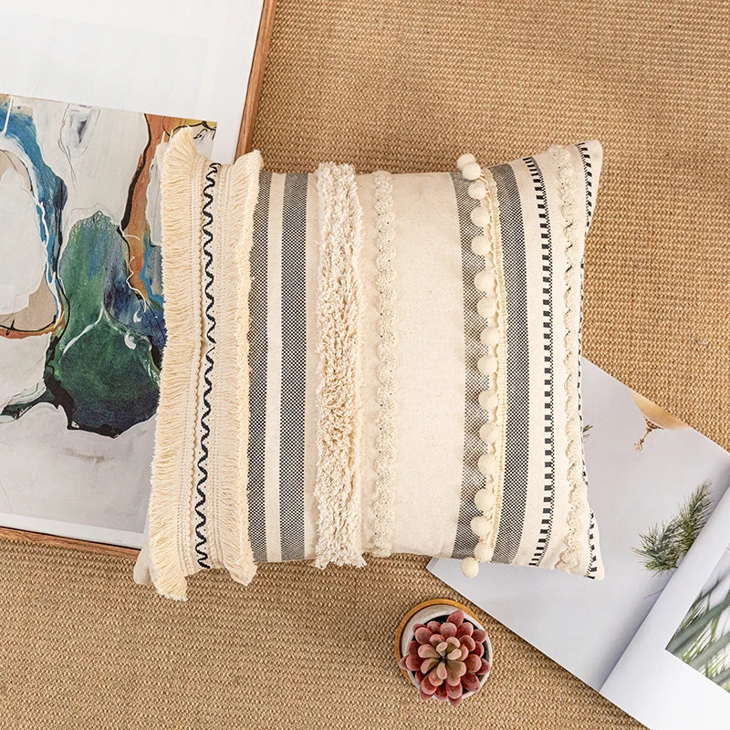 Bohemian Style Cotton Cushion Cover 30X50Cm/45X45Cm Pillow Cover Beige for Sofa Bed Home Decorative