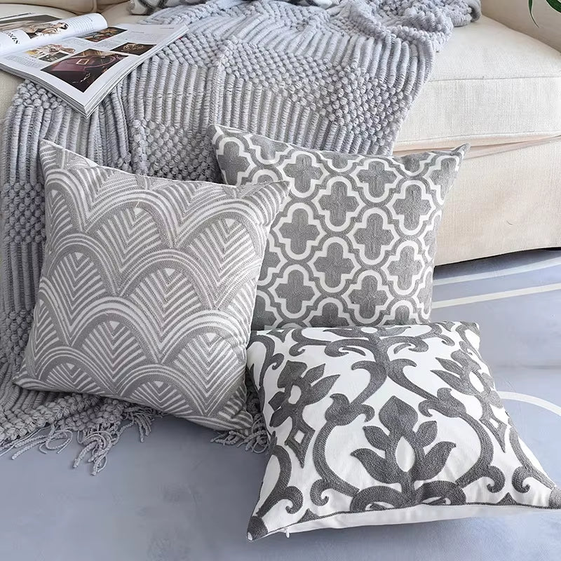 1Pc Nordic Geometric Cushion Cover Emboridered Grey Canvas Cotton Embroidery Pillow Cover Sofa Car Home Decorative 45X45Cm