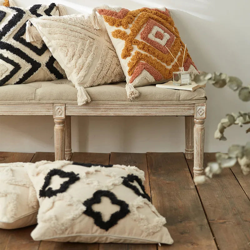 Brown Beige Embroidery Cushion Cover Tassels Home Decor Pillow Cover 45X45Cm/30X50Cm Geometric Sofa Pillowcase Pillow Sham