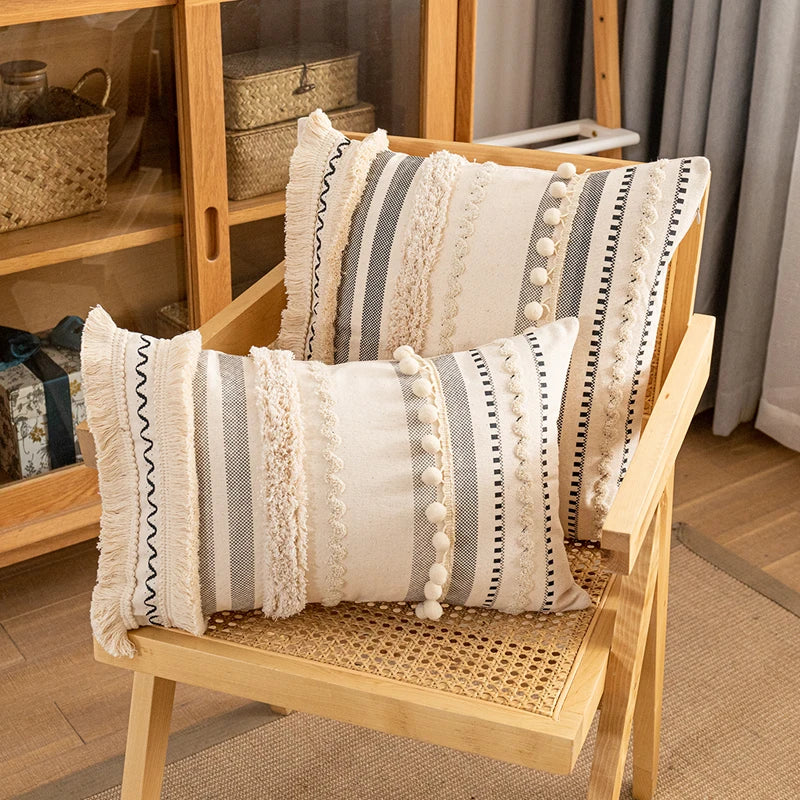 Bohemian Style Cotton Cushion Cover 30X50Cm/45X45Cm Pillow Cover Beige for Sofa Bed Home Decorative