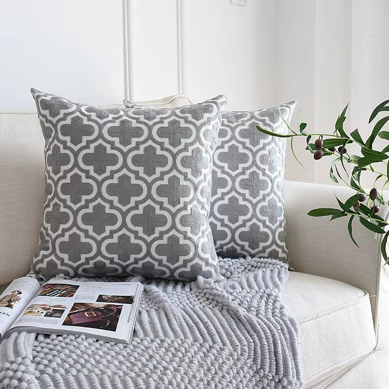 1Pc Nordic Geometric Cushion Cover Emboridered Grey Canvas Cotton Embroidery Pillow Cover Sofa Car Home Decorative 45X45Cm