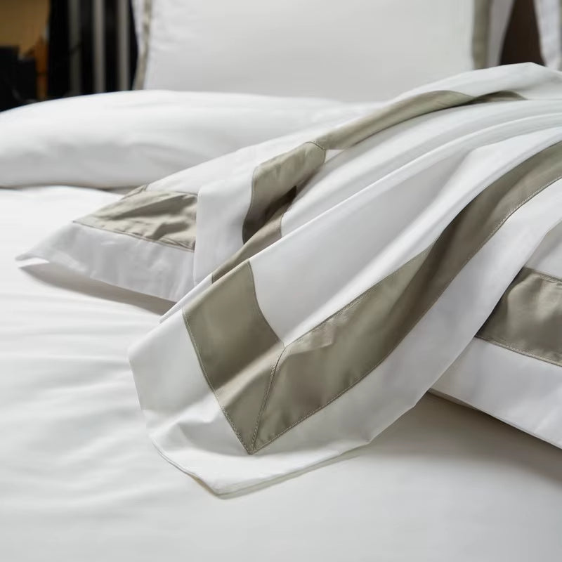 100%Cotton Luxury 600 TC White Premium Hotel Bedding Set Classic and Frame Patchwork Duvet Cover Set Bed Sheet Pillowcases