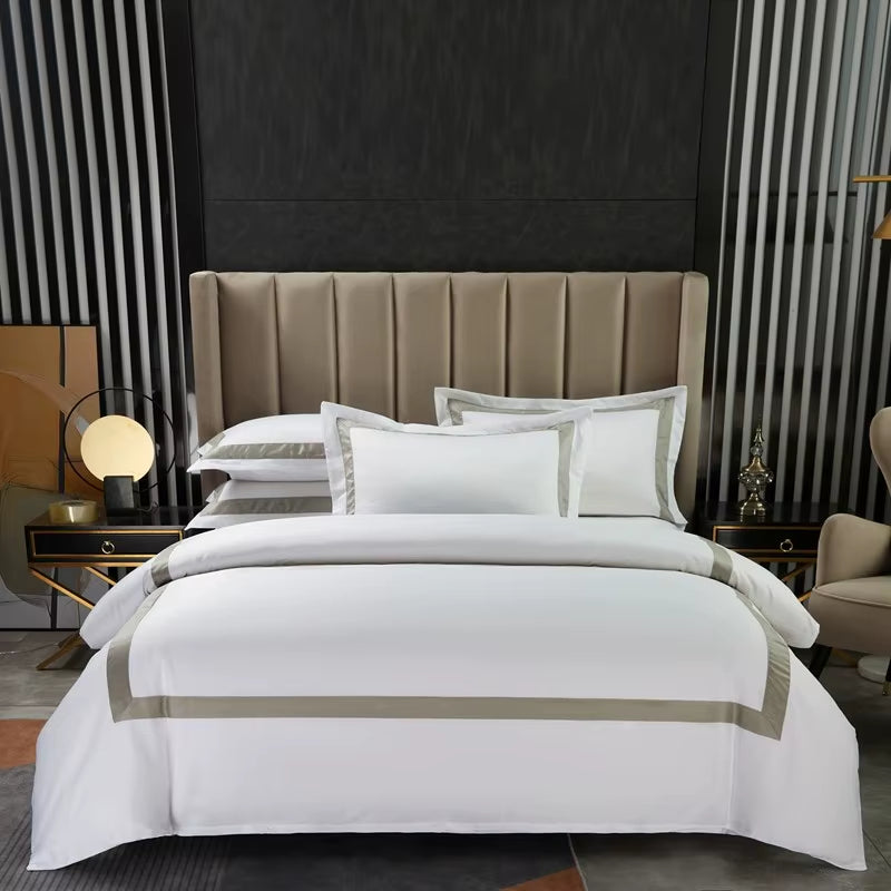 100%Cotton Luxury 600 TC White Premium Hotel Bedding Set Classic and Frame Patchwork Duvet Cover Set Bed Sheet Pillowcases