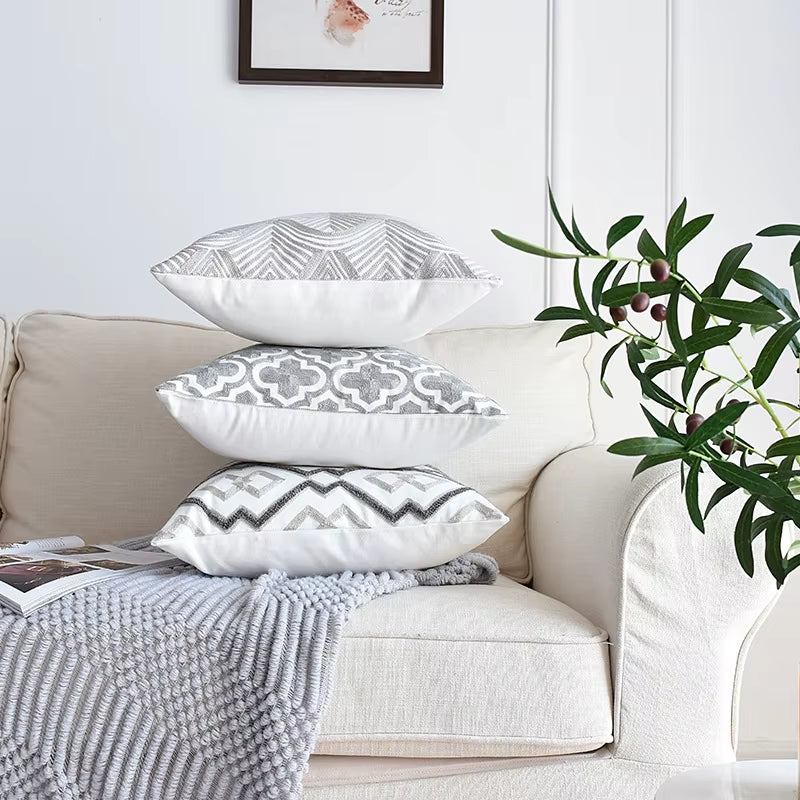 1Pc Nordic Geometric Cushion Cover Emboridered Grey Canvas Cotton Embroidery Pillow Cover Sofa Car Home Decorative 45X45Cm
